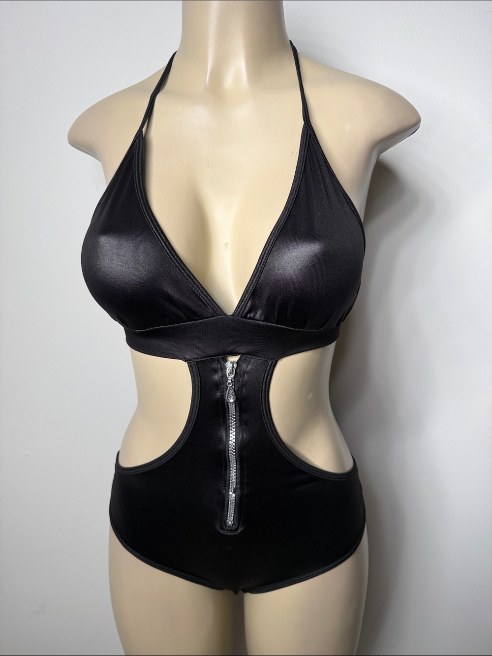 Black Cutout One-Piece Swim Suit with Front Zipper